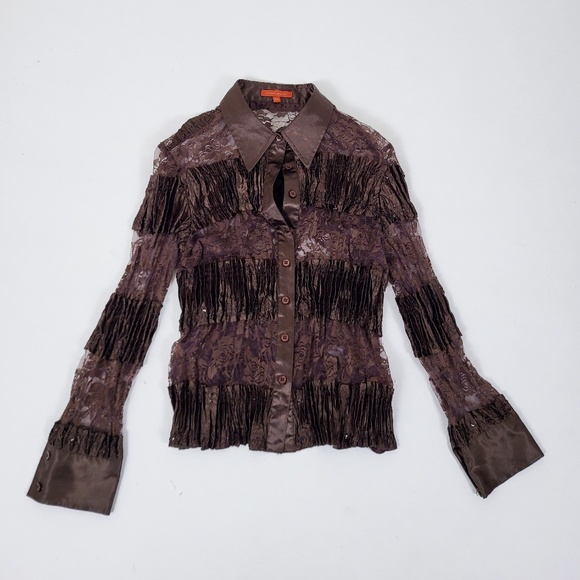 Lace long sleeve blouse button down sheer satin patchwork crinkle - Picture 11 of 14